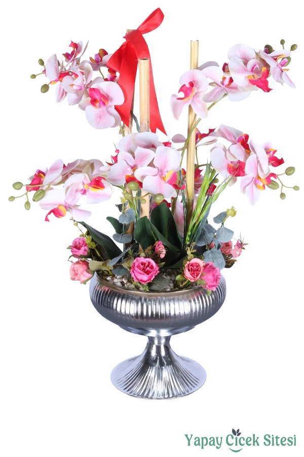 Yapay Metal Saksıda Lüks Orkide Aranjmanı Pembe - 1