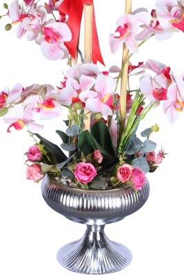 Yapay Metal Saksıda Lüks Orkide Aranjmanı Pembe - 2