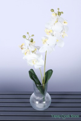Yapay Yapraklı 2 Dal Islak Orkide Çiçeği Beyaz 55 Cm - 4